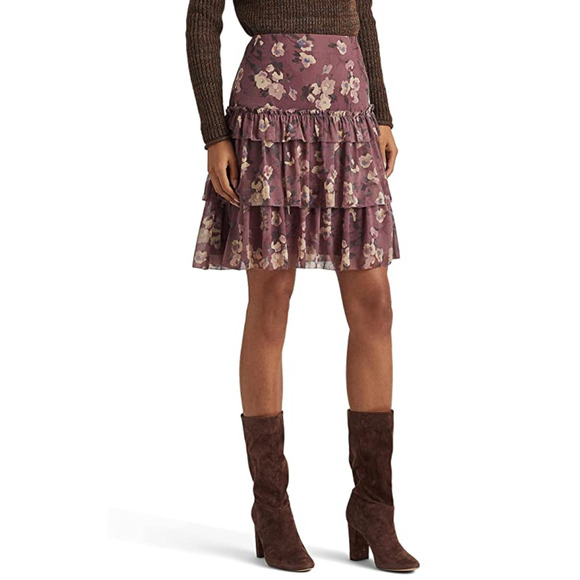 Lauren Ralph Lauren Women Ruffled Floral Skirt Purple Multi Size 2 - Picture 1 of 3